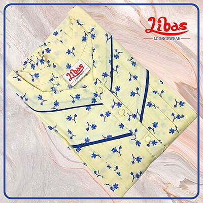 Cream & Blue Bizi Lizi Nighty With Tiny Floral Print All Over From Libas Loungewear - PLT245