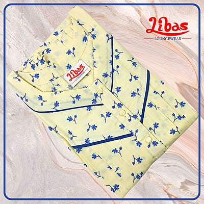 Cream & Blue Bizi Lizi Nighty With Tiny Floral Print All Over From Libas Loungewear - PLT245