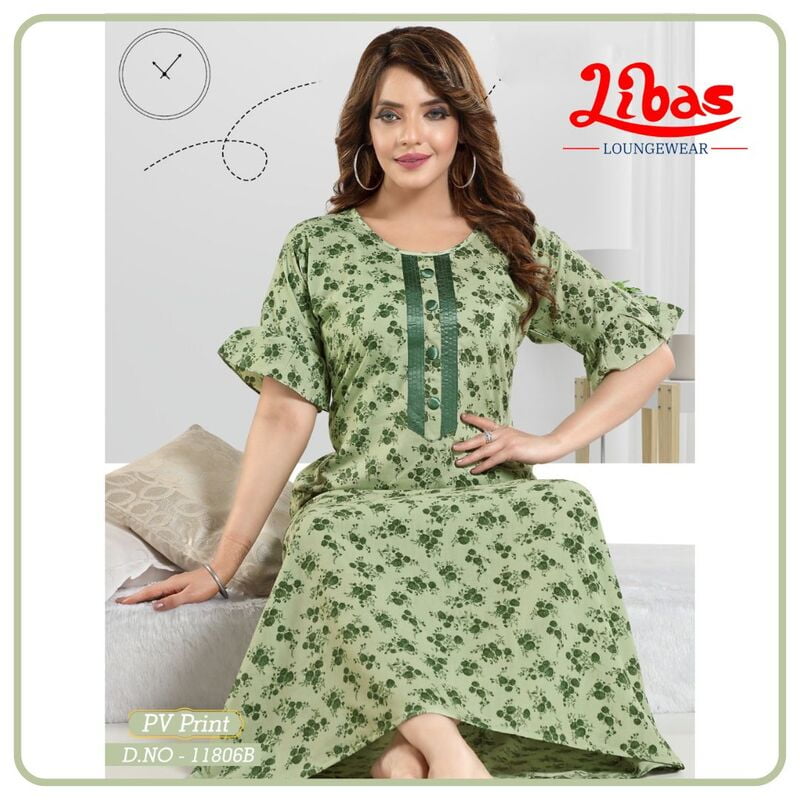 Pista Green P.V (Bizi Lizi) Nighty With Tiny Floral Design All Over From Libas Loungewear - AL934