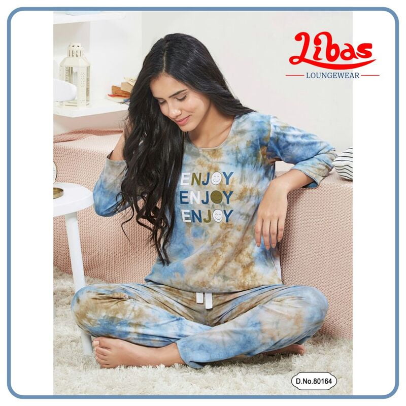 Sky Blue Dye Printed Top & Bottom Hosiery Cotton Women Night Suit From Libas Loungewear - FPS142