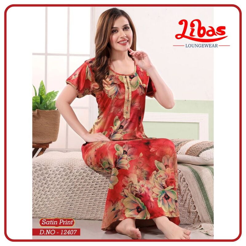 Persian Red Premium Satin Nighty With Floral Print All Over From Libas Loungewear - ST088