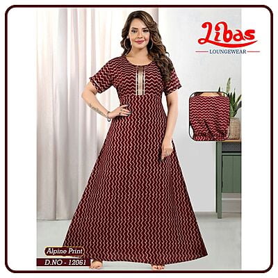 Bordeaux Maroon Spun Cotton Nighty With Zig Zag Print All Over From Libas Loungewear - PS525