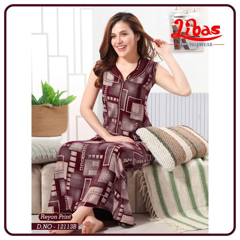 Bordeaux Premium Rayon Sleeveless Nighty With Geoemtric Print All Over From Libas Loungewear - SL095