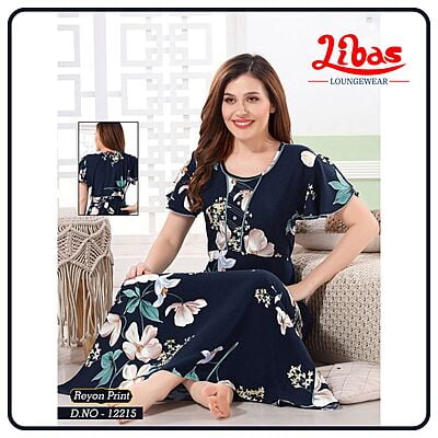 Midnight Blue Premium Rayon Nighty With Floral Print All Over From Libas Loungewear - PS533