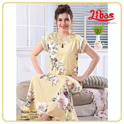 Lite Yellow Premium Rayon Sleeveless Nighty With Floral Print All Over From Libas Loungewear - SL098