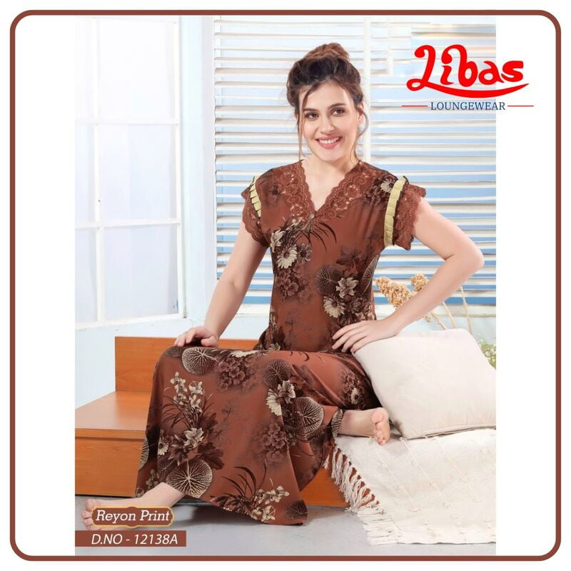 Rust Brown Premium Rayon Sleeveless Nighty With Floral Print All Over From Libas Loungewear - SL106