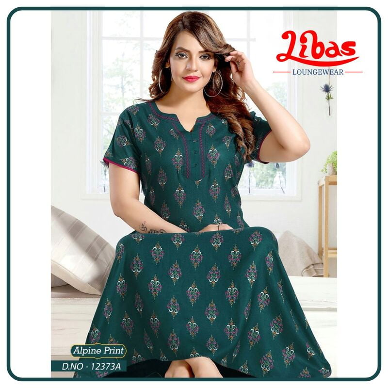 Cyprus Green Spun Cotton Nighty With Block Print All Over From Libas Loungewear - AL971