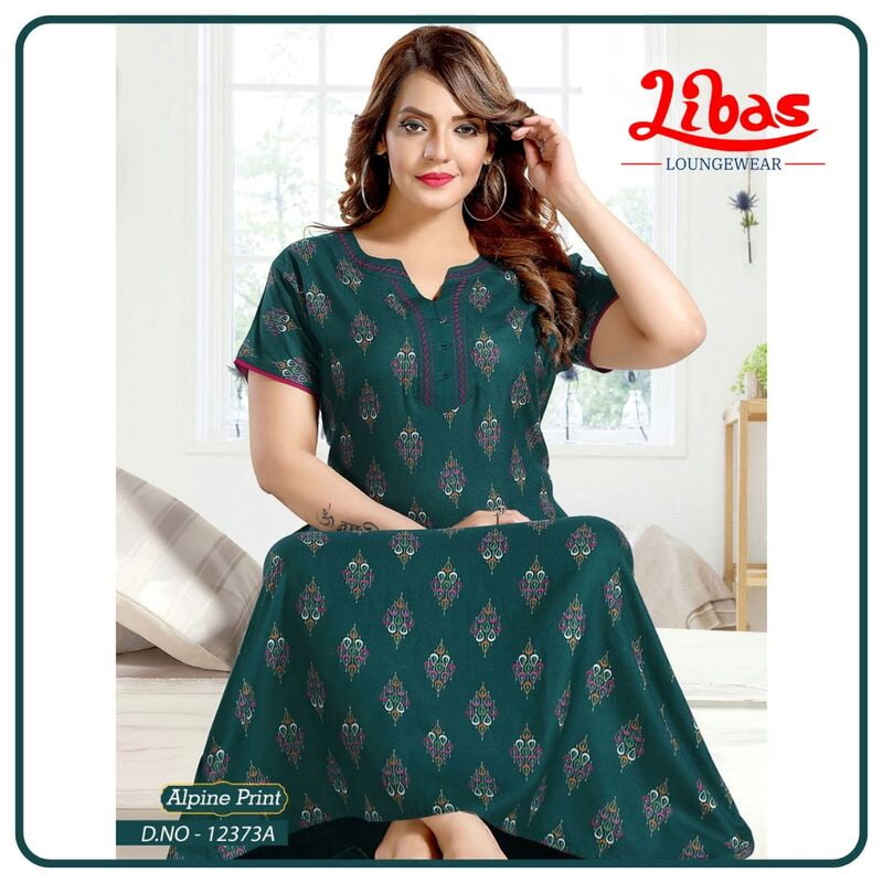Cyprus Green Spun Cotton Nighty With Block Print All Over From Libas Loungewear - AL971 Cyprus Green Spun Cotton Nighty With Block Print All Over From Libas Loungewear - AL971