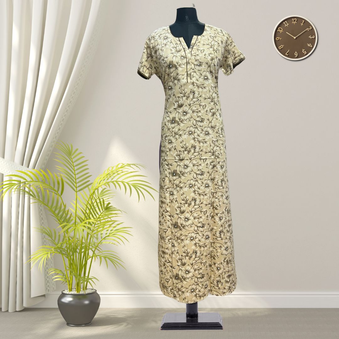 Ashy Yellow Batik Cotton Nighty With All Over From Libas Loungewear - AL1098