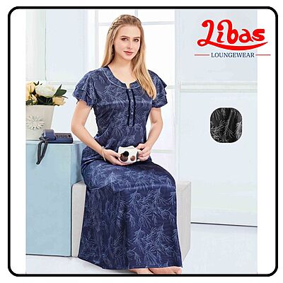 Blue Premium Satin Nighty With Geometric Prints All Over From Libas Loungewear - ST100