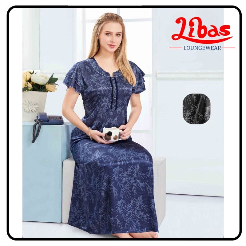 Blue Premium Satin Nighty With Geometric Prints All Over From Libas Loungewear - ST100 Blue Premium Satin Nighty With Geometric Prints All Over From Libas Loungewear - ST100