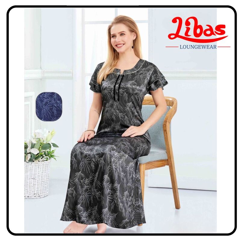 Black Premium Satin Nighty With Geometric Prints All Over From Libas Loungewear - ST104 Black Premium Satin Nighty With Geometric Prints All Over From Libas Loungewear - ST104