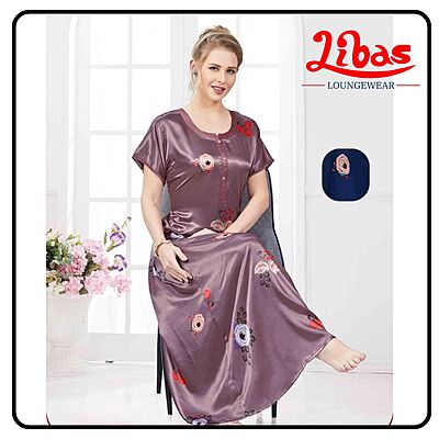 Purple Premium Satin Nighty With Geometric Prints All Over From Libas Loungewear - ST106