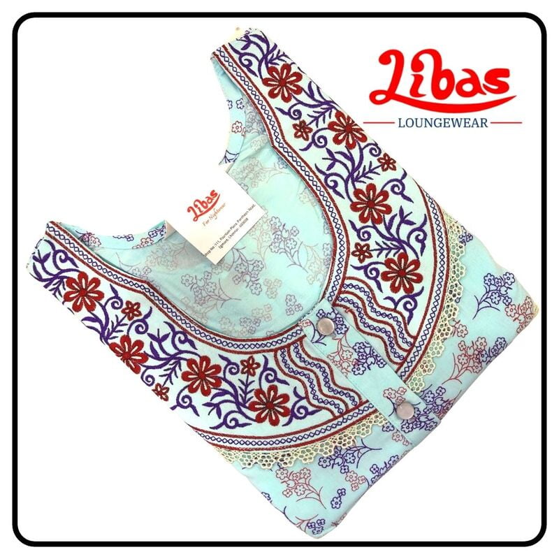 Light blue bizilizi pleated nighty in floral prints with button closure & embroidery worK-PLT038 Light blue bizilizi pleated nighty in floral prints with button closure & embroidery worK-PLT038