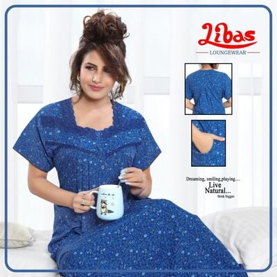 Lochmara Blue Pleated Bizilizi Nighty Mango Print With Button Closure From Libas Loungewear - PLT151