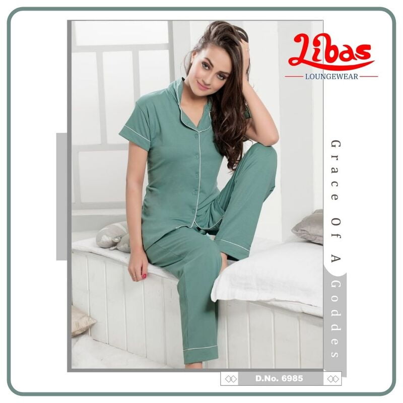 Plain Sage Green Hosiery Plus Women Collar Night Suit From Libas Loungewear - FPS089
