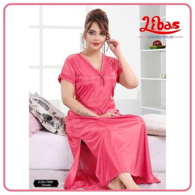 Plain Tomato Satin Nighty With V-Neck Pattern From Libas Loungewear - PS382
