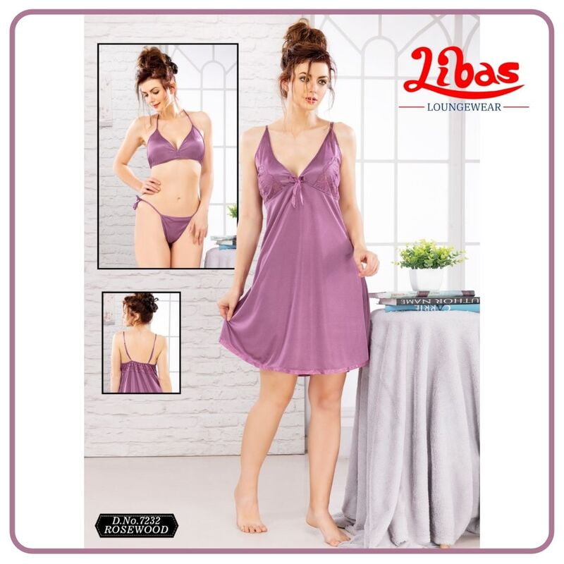Plain Rosewood Colored Satin Three Piece Baby Doll Night Dress From Libas Loungewear - FCN085