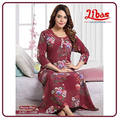 Camelot Premium Rayon Plus Long Sleeve Nighty With Floral Print From Libas Loungewear - LSN161