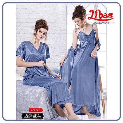 Plain Baby Blue Satin Two Piece Fancy Nighty From Libas Loungewear - FCN140