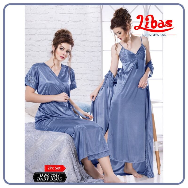 Plain Baby Blue Satin Two Piece Fancy Nighty From Libas Loungewear - FCN140