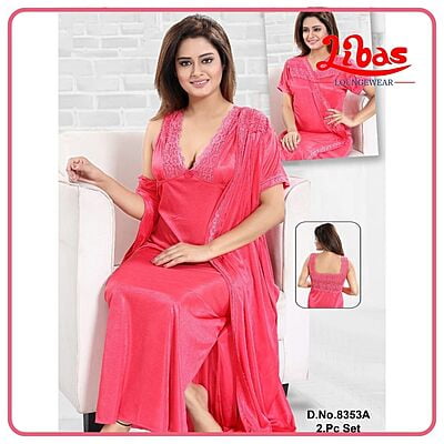 Plain Dark Pink Satin Two Piece Fancy Nighty From Libas Loungewear - FCN145