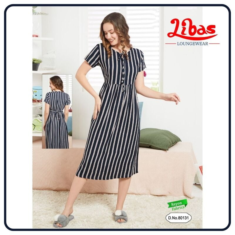 Navy Blue Premium Rayon Midi Dress With Stripes Print All Over From Libas Loungewear - MD002