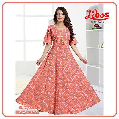 Roman Peach Premium Rayon Anarkali Gown With Checks Print All Over From Libas Loungewear - AN053