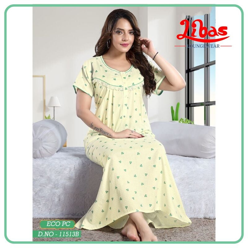 Sweet Corn Eco PC Nighty With Tiny Floral & Polka Design All Over From Libas Loungewear - PS467