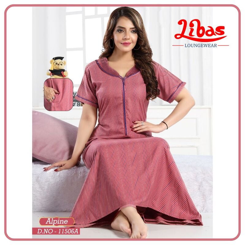 Cabaret Pink Spun Cotton Nighty With Front Long Zip Closure From Libas Loungewear - AL829