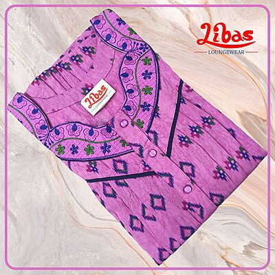 Fuchsia Lavender Crush Cotton Nighty With Front Button Opening From Libas Loungewear - PLT235
