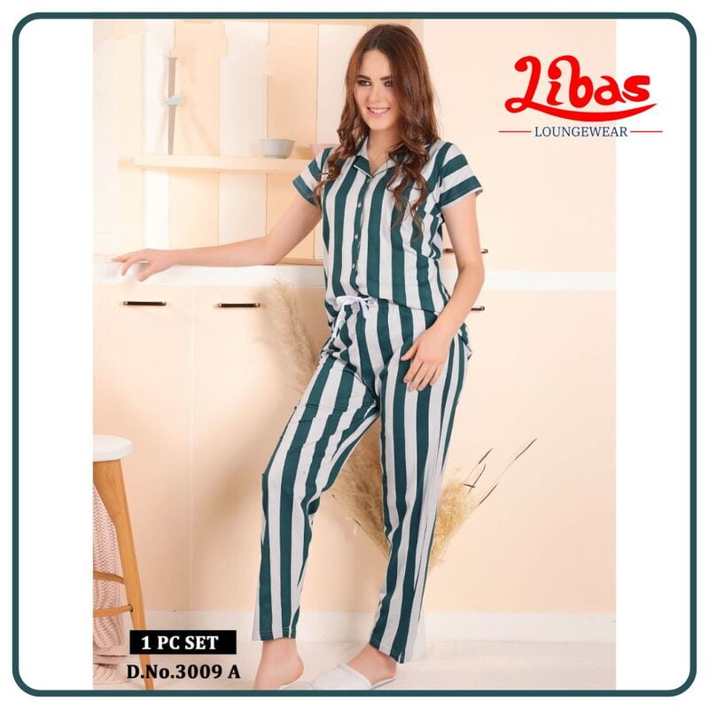 Half White & Casal Hosiery Cotton Women Night Suit With Collar Style From Libas Loungewear - FPS125