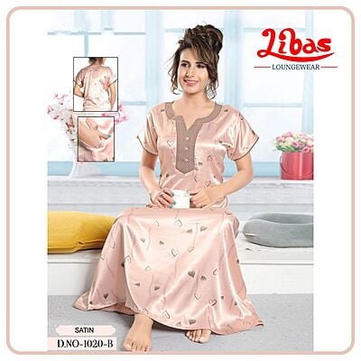 Baby Pink Armani Satin Nighty With Tiny Heart Prints All Over From Libas Loungewear - ST069