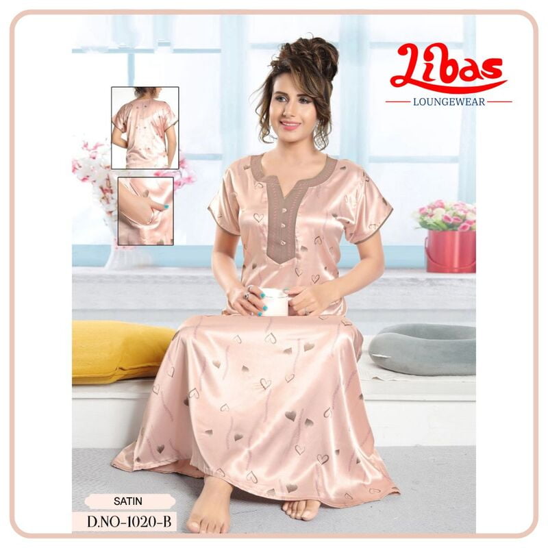 Baby Pink Armani Satin Nighty With Tiny Heart Prints All Over From Libas Loungewear - ST069