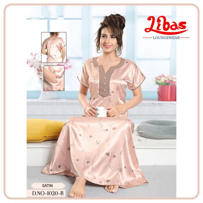 Baby Pink Armani Satin Nighty With Tiny Heart Prints All Over From Libas Loungewear - ST069 Baby Pink Armani Satin Nighty With Tiny Heart Prints All Over From Libas Loungewear - ST069
