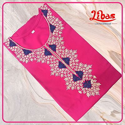 Deep Cerise Pink Bizi Lizi Plain Embroidery Nighty From Libas Loungewear - EN143