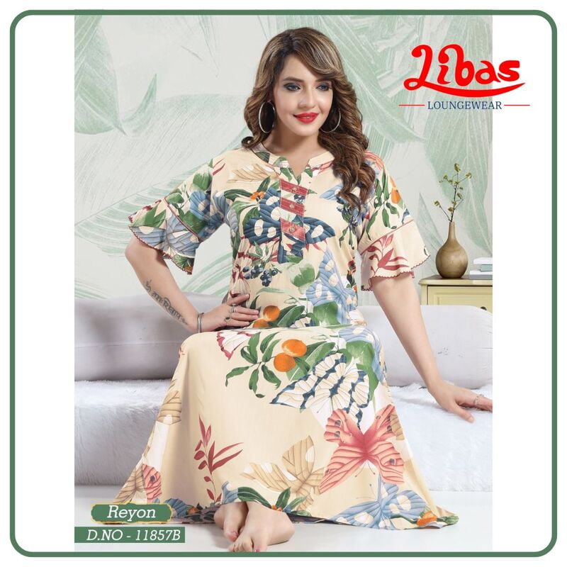 Dawn Cream Premium Rayon Nighty With Tropical Design All Over From Libas Loungewear - AL861