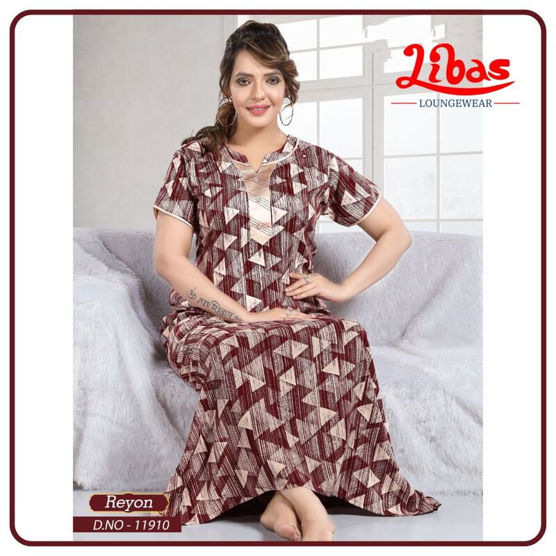 Pohutukawa Premium Rayon Nighty With Geometric Print All Over From Libas Loungewear - AL867