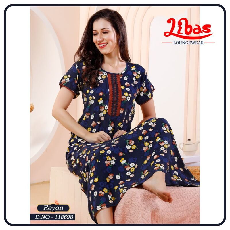 Ink Blue Premium Rayon Nighty With Tiny Floral Design All Over From Libas Loungewear - AL877