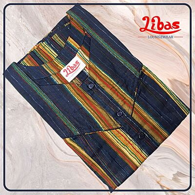 Navy Blue Premium Cotton Pleated Nighty With Stipes Print All Over From Libas Loungewear - PLT248
