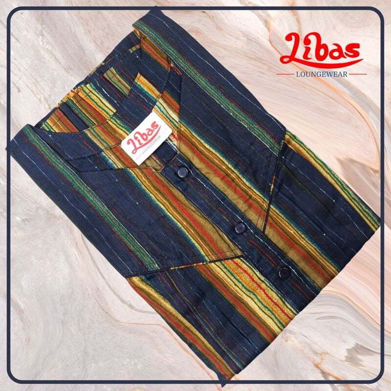 Navy Blue Premium Cotton Pleated Nighty With Stipes Print All Over From Libas Loungewear - PLT248 Navy Blue Premium Cotton Pleated Nighty With Stipes Print All Over From Libas Loungewear - PLT248
