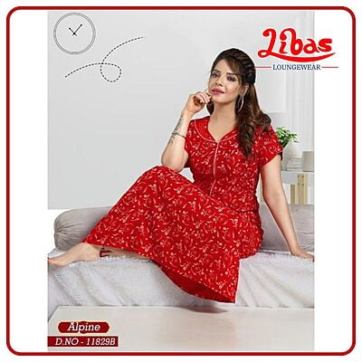 Fire Red Spun Cotton Nighty With Front Zip Closure From Libas Loungewear - PS515