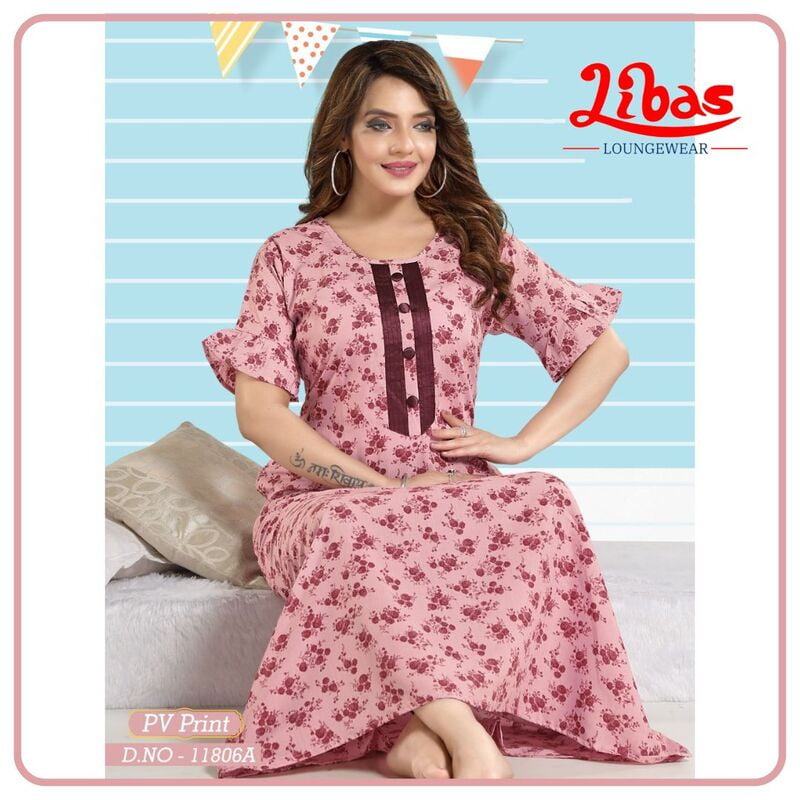 Baby Pink P.V (Bizi Lizi) Nighty With Tiny Floral Design All Over From Libas Loungewear - PS519 Baby Pink P.V (Bizi Lizi) Nighty With Tiny Floral Design All Over From Libas Loungewear - PS519