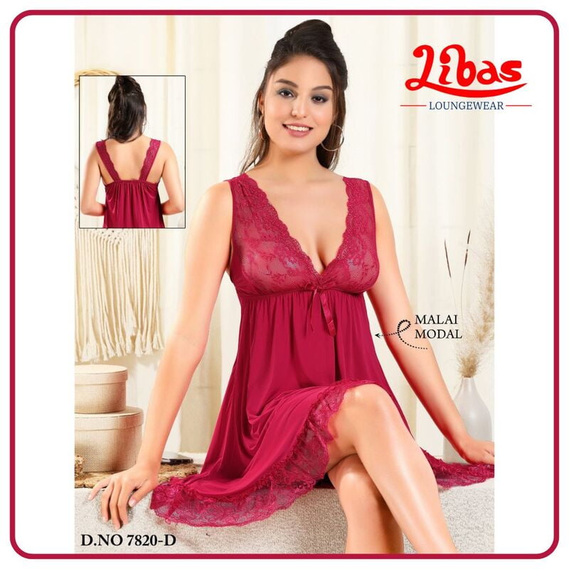 Plain Cardinal Colored Malai Fancy One Piece Baby Doll Night Dress From Libas Loungewear - FCN182