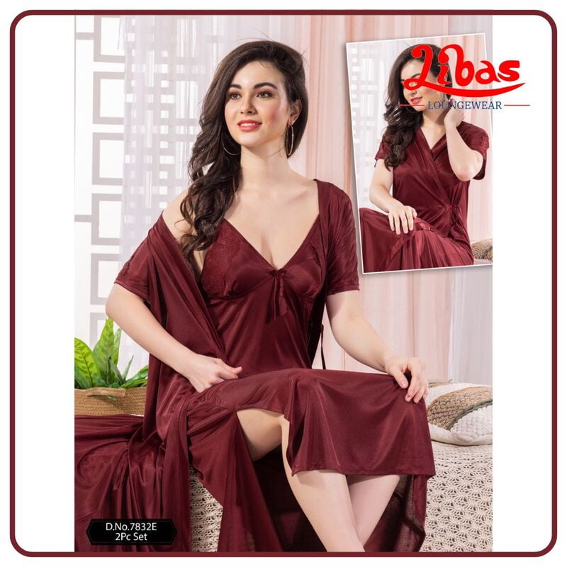 Plain Dark Maroon Satin Two Piece Fancy Nighty From Libas Loungewear - FCN187 Plain Dark Maroon Satin Two Piece Fancy Nighty From Libas Loungewear - FCN187