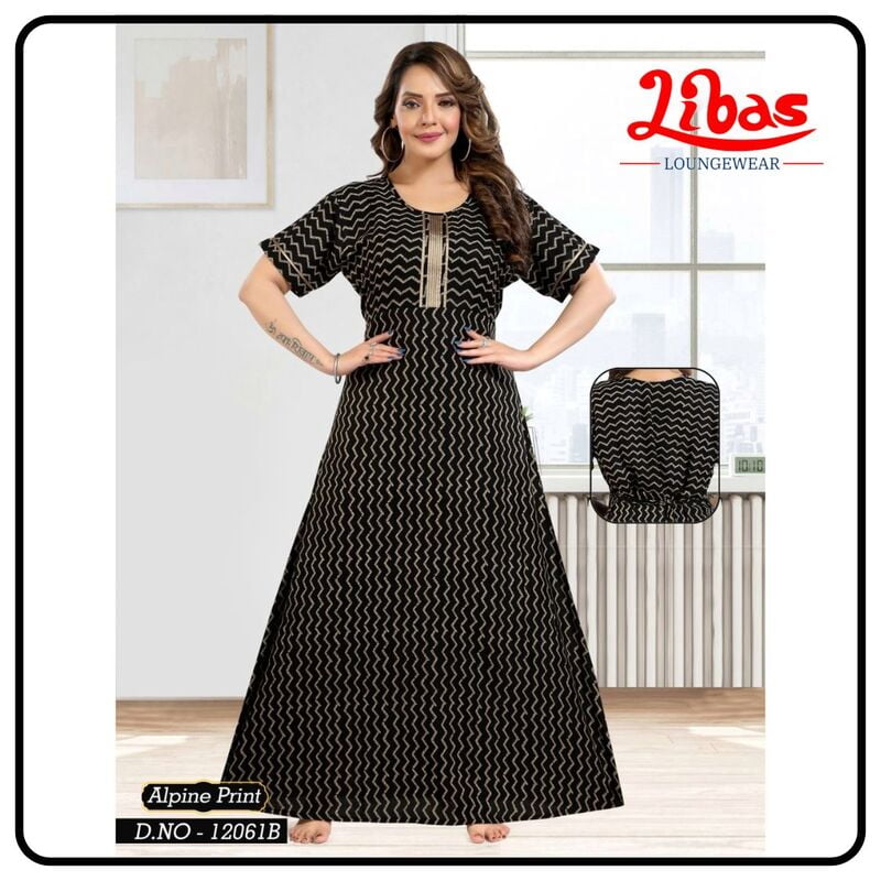 Russian Black Spun Cotton Nighty With Zig Zag Print All Over From Libas Loungewear - PS524 Russian Black Spun Cotton Nighty With Zig Zag Print All Over From Libas Loungewear - PS524