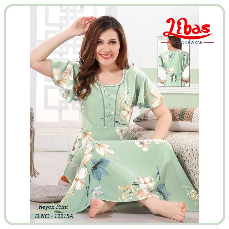 Rainee Green Premium Rayon Nighty With Floral Print All Over From Libas Loungewear - AL959 Rainee Green Premium Rayon Nighty With Floral Print All Over From Libas Loungewear - AL959
