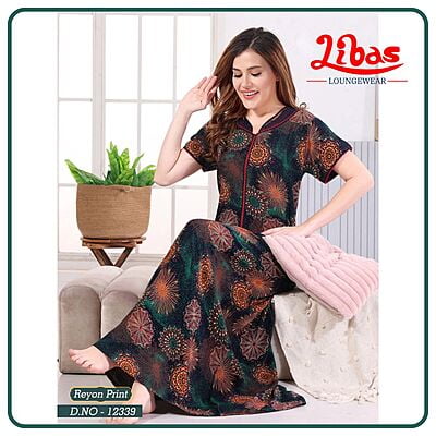 Navy & Bottle Green Premium Rayon Nighty With Front Zip Closure From Libas Loungewear - AL969