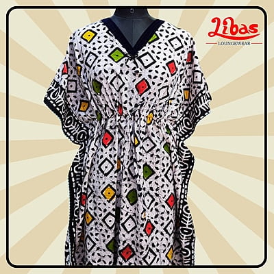 Crtstal Black Cotton Kaftan Nighty With Floral Design From Libas Loungewear - KF381