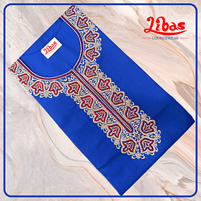 Cerulean Blue Bizi Lizi Plain Embroidery Nighty From Libas Loungewear - EN128
